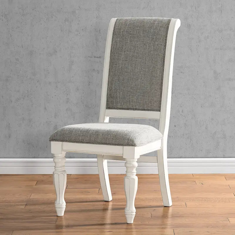 Chaises de salle à manger rembourrées en bois massif blanc antique, lot de 2