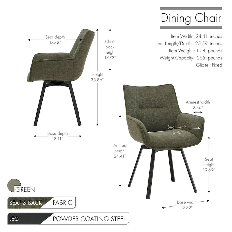 Chaise de salle à manger pivotante en tissu avec pieds en acier