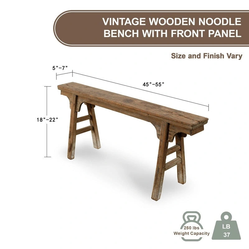 Banc à nouilles vintage avec panneau avant, fini en bois naturel vieilli (la taille et le fini varient) - 57W x 6.2L x 22H