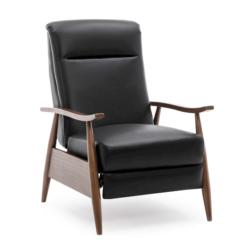 Fauteuil inclinable à pousser avec accoudoirs en bois et cuir pleine fleur