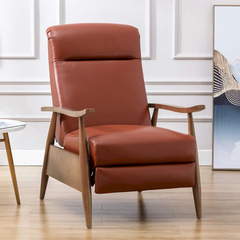 Fauteuil inclinable à pousser avec accoudoirs en bois et cuir pleine fleur
