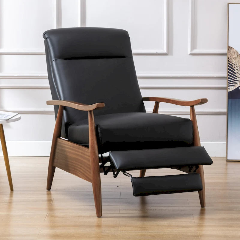 Fauteuil inclinable à pousser avec accoudoirs en bois et cuir pleine fleur