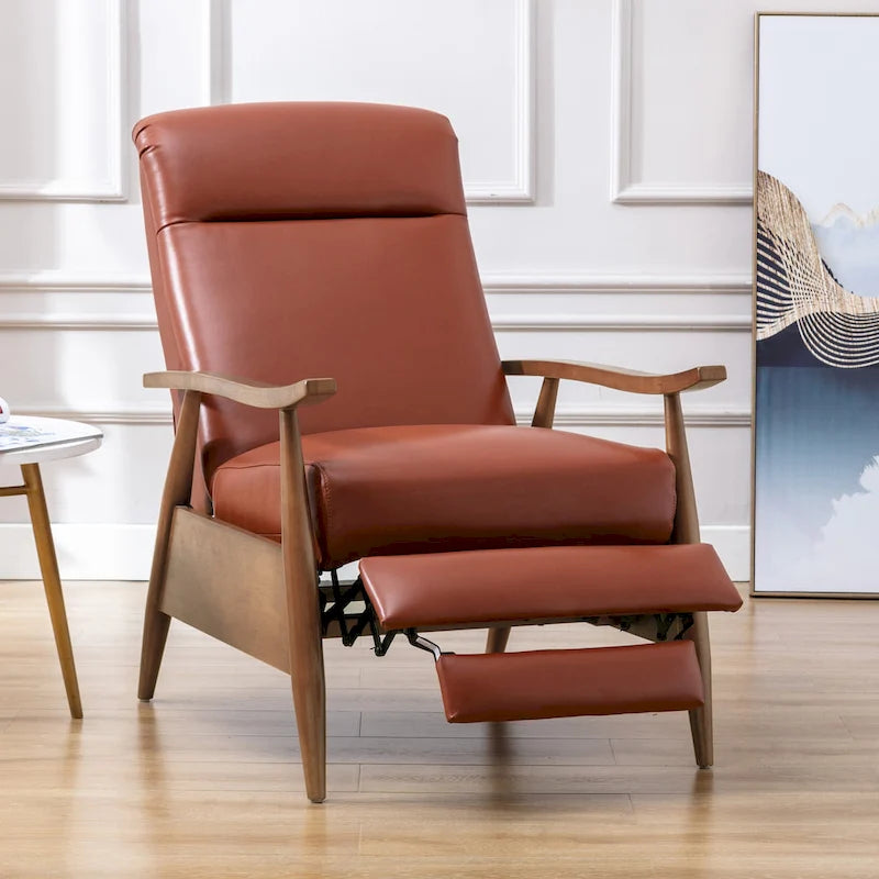 Fauteuil inclinable à pousser avec accoudoirs en bois et cuir pleine fleur