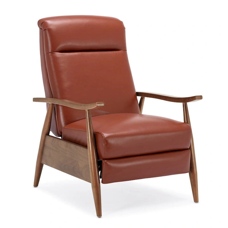 Fauteuil inclinable à pousser avec accoudoirs en bois et cuir pleine fleur