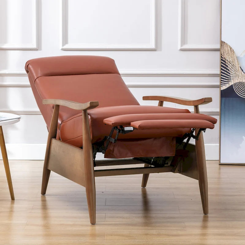 Fauteuil inclinable à pousser avec accoudoirs en bois et cuir pleine fleur