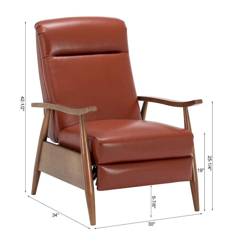 Fauteuil inclinable à pousser avec accoudoirs en bois et cuir pleine fleur