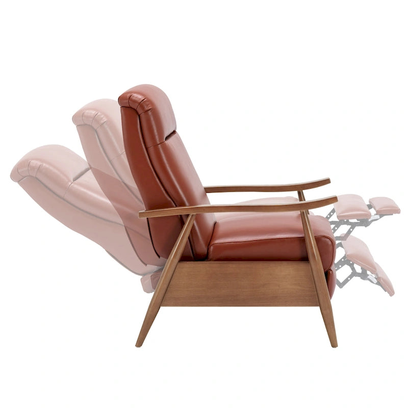 Fauteuil inclinable à pousser avec accoudoirs en bois et cuir pleine fleur