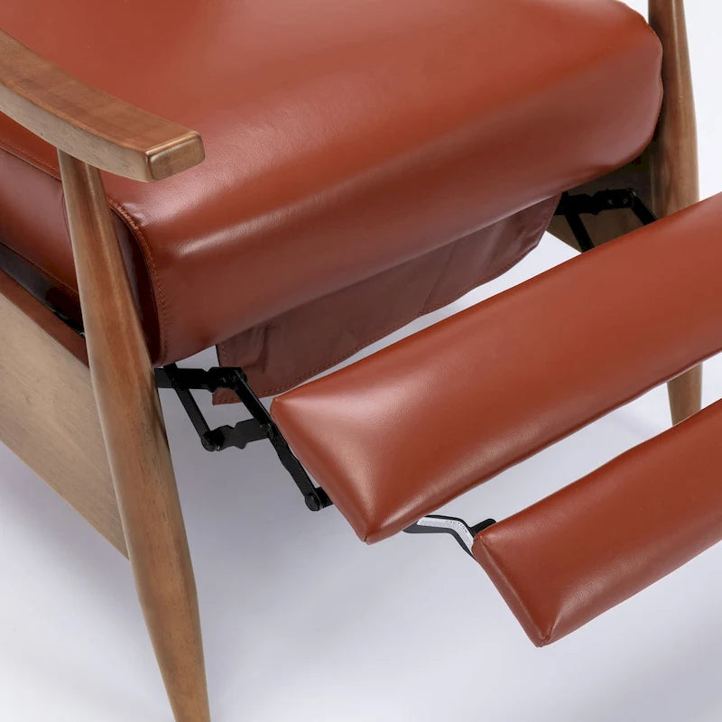Fauteuil inclinable à pousser avec accoudoirs en bois et cuir pleine fleur
