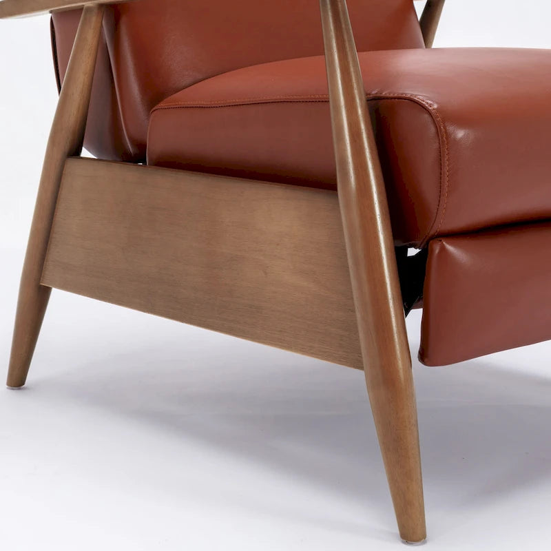 Fauteuil inclinable à pousser avec accoudoirs en bois et cuir pleine fleur