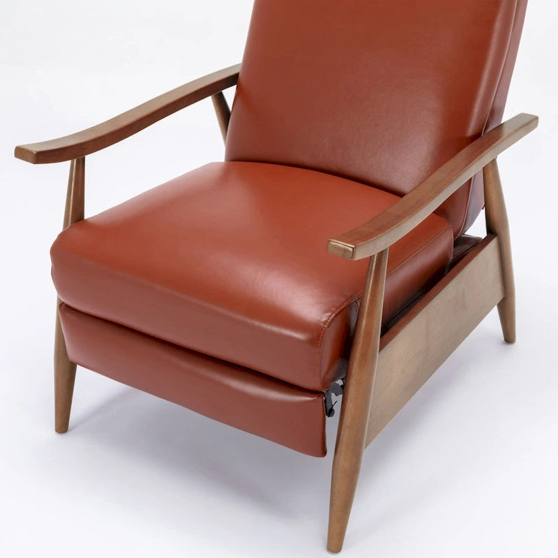 Fauteuil inclinable à pousser avec accoudoirs en bois et cuir pleine fleur