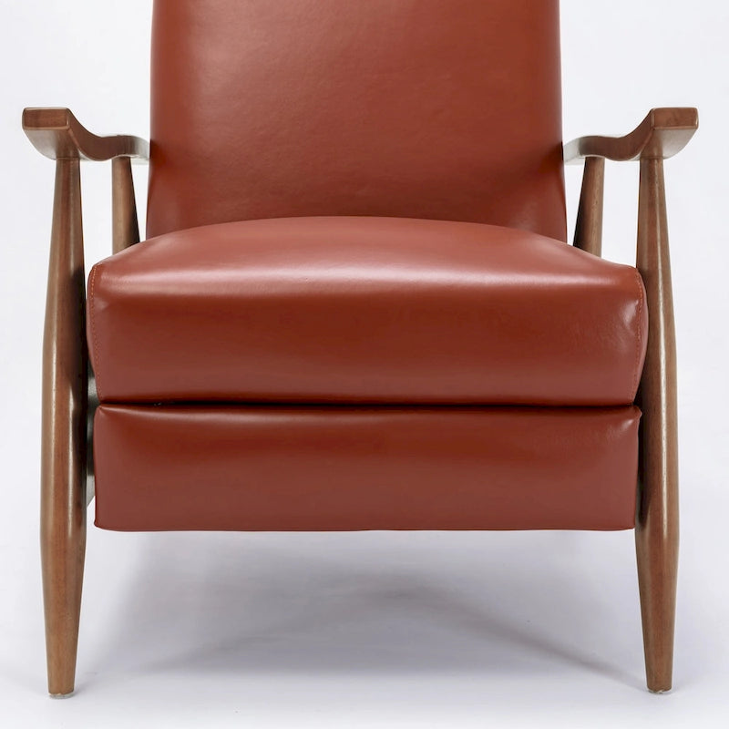 Fauteuil inclinable à pousser avec accoudoirs en bois et cuir pleine fleur