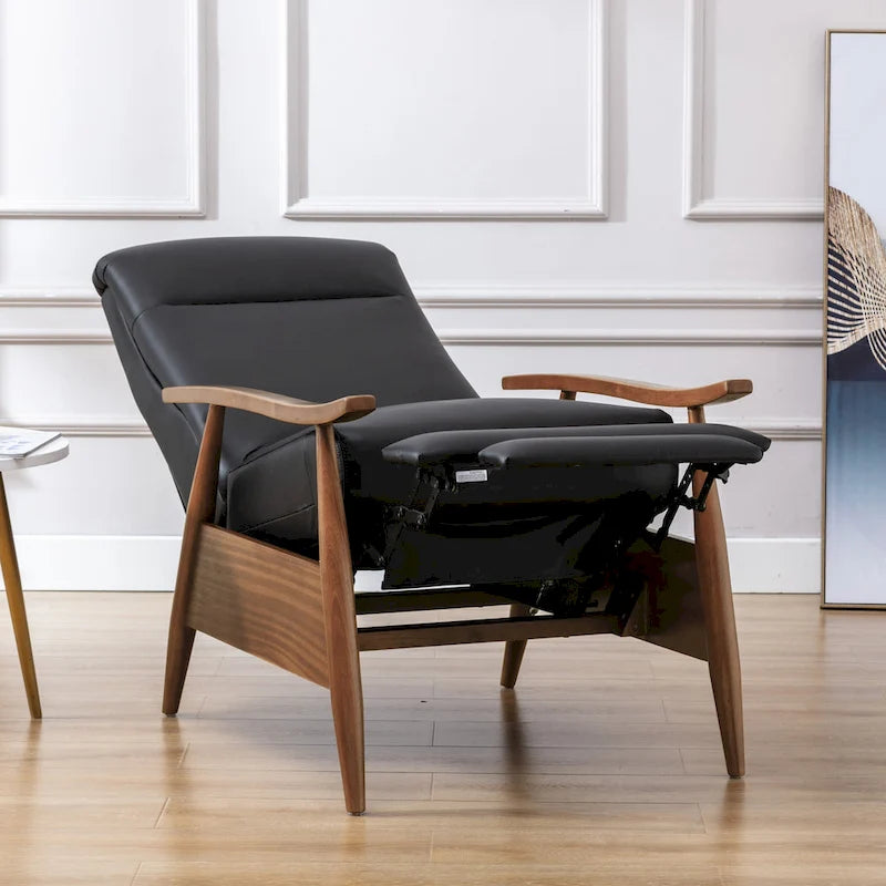 Fauteuil inclinable à pousser avec accoudoirs en bois et cuir pleine fleur