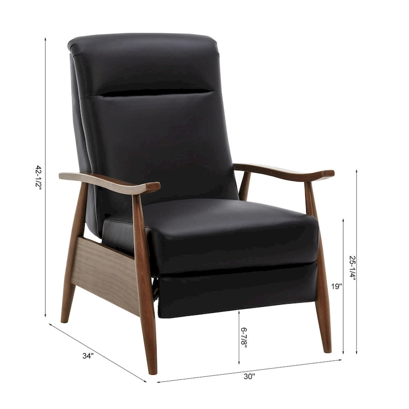 Fauteuil inclinable à pousser avec accoudoirs en bois et cuir pleine fleur