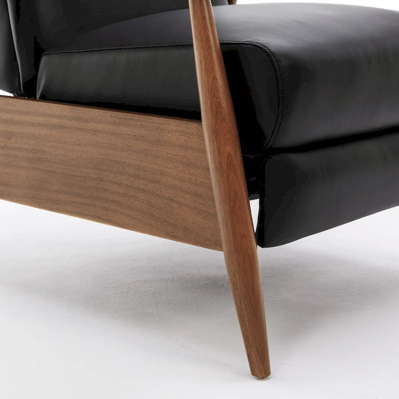 Fauteuil inclinable à pousser avec accoudoirs en bois et cuir pleine fleur