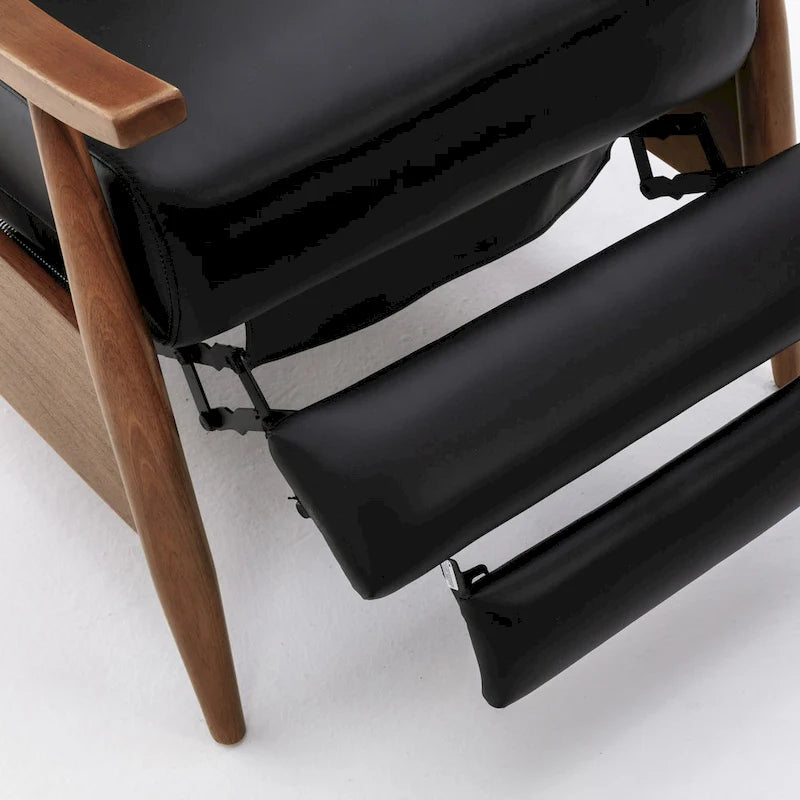 Fauteuil inclinable à pousser avec accoudoirs en bois et cuir pleine fleur