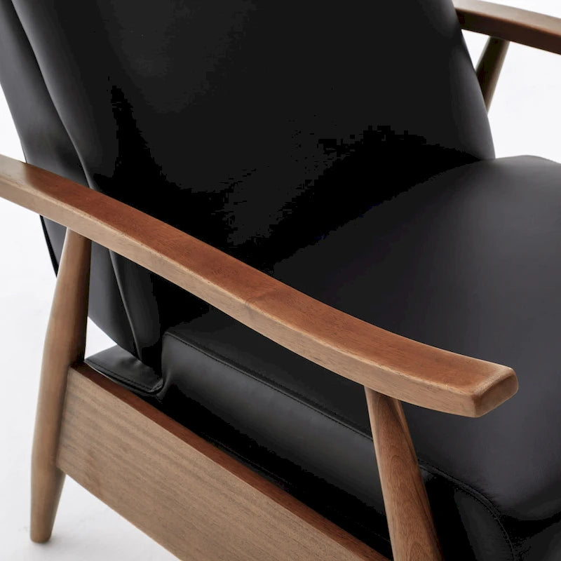 Fauteuil inclinable à pousser avec accoudoirs en bois et cuir pleine fleur