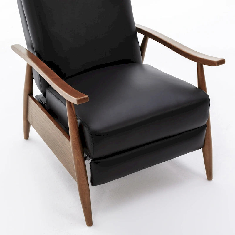 Fauteuil inclinable à pousser avec accoudoirs en bois et cuir pleine fleur
