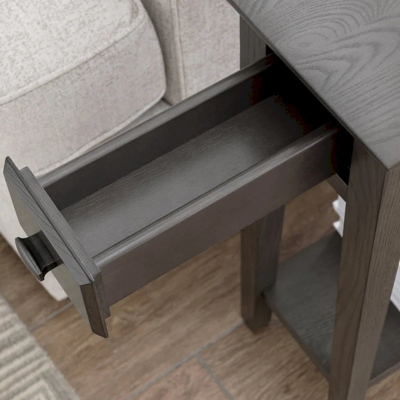 Table d'appoint étroite en bois massif avec étagère et tiroir