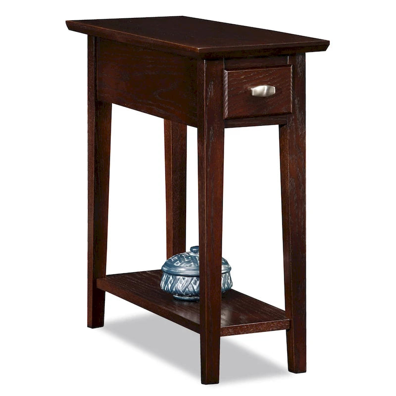Table d'appoint étroite en bois massif avec étagère et tiroir
