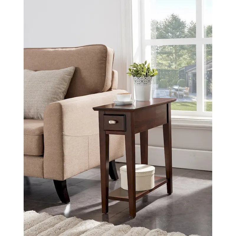 Table d'appoint étroite en bois massif avec étagère et tiroir
