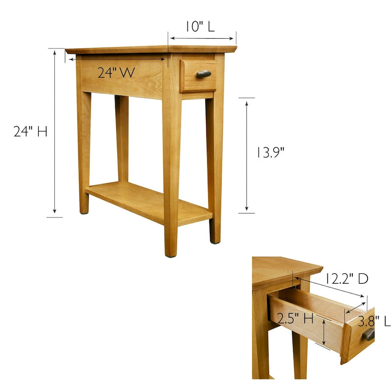 Table d'appoint étroite en bois massif avec étagère et tiroir
