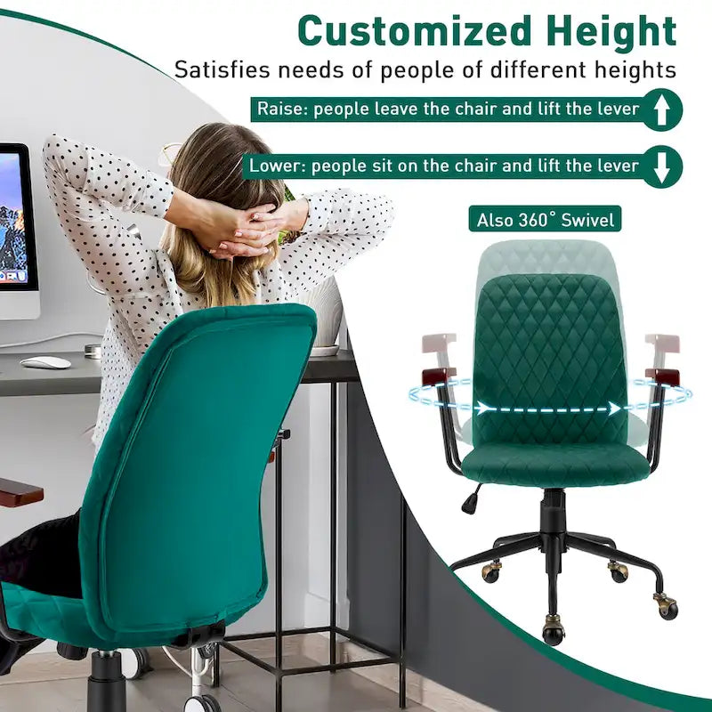 Fauteuil de bureau pivotant en velours, réglable, mi-dossier, pour la maison ou les loisirs