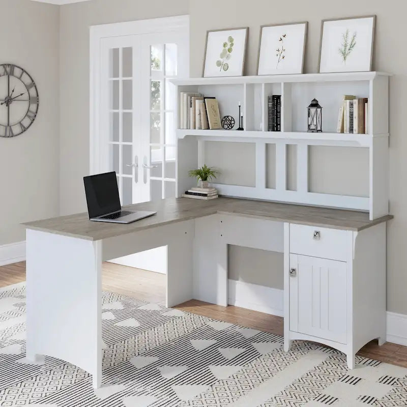Bureau en L de 60 W avec meuble de rangement supérieur