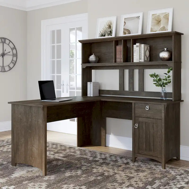 Bureau en L de 60 W avec meuble de rangement supérieur
