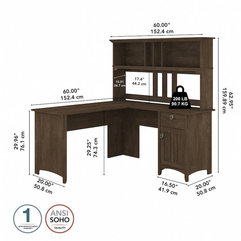 Bureau en L de 60 W avec meuble de rangement supérieur