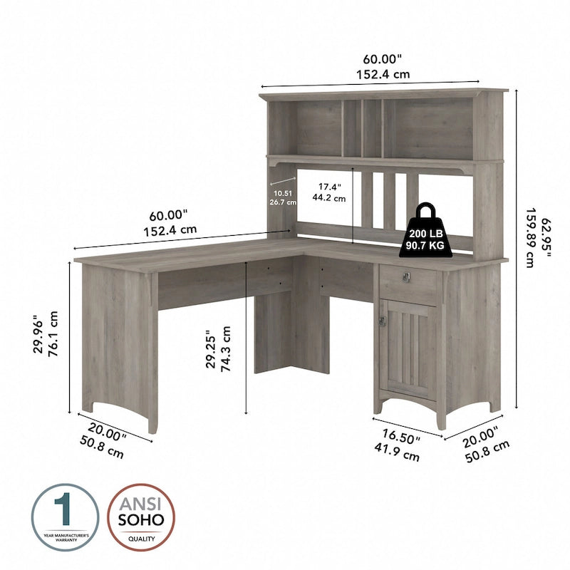 Bureau en L de 60 W avec meuble de rangement supérieur