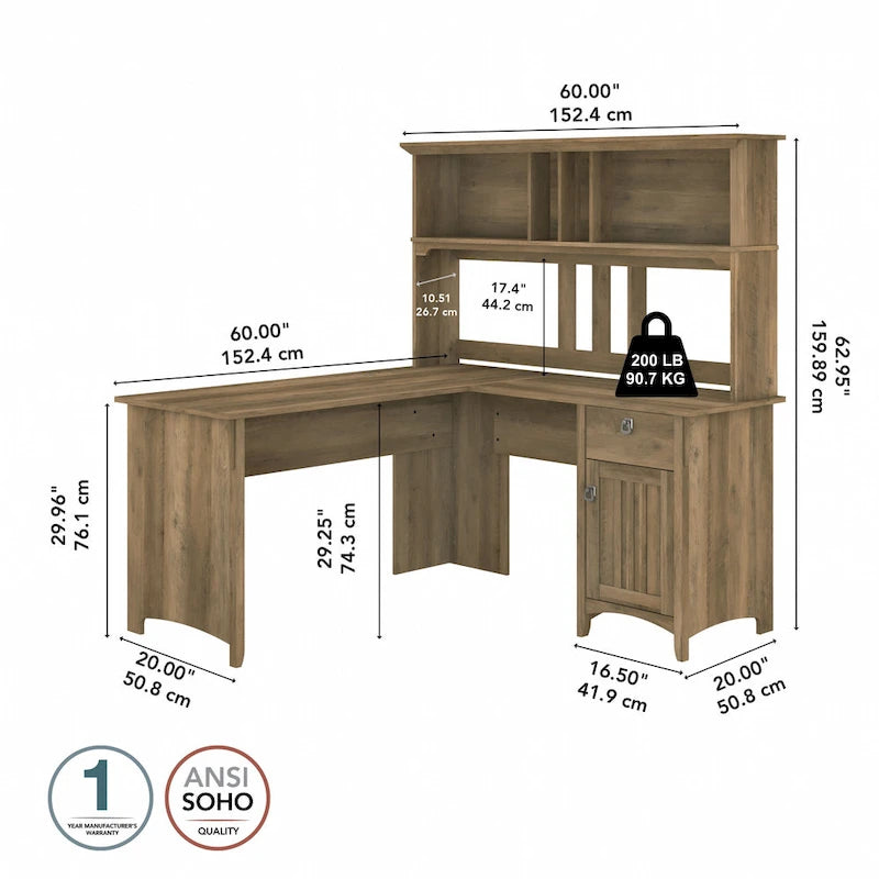 Bureau en L de 60 W avec meuble de rangement supérieur