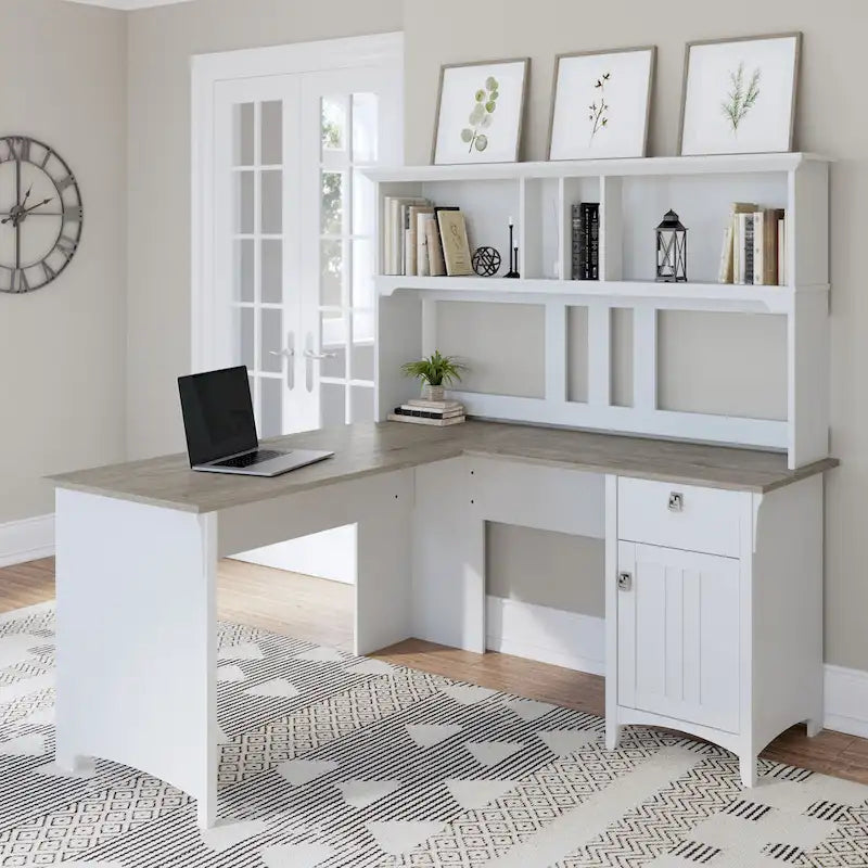 Bureau en L de 60 W avec meuble de rangement supérieur