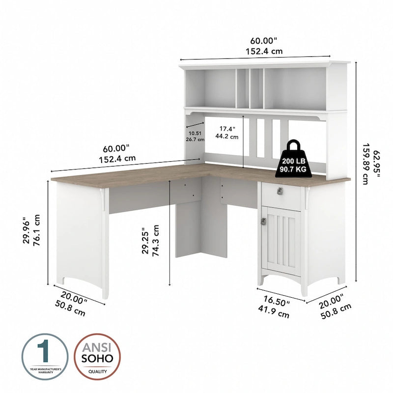 Bureau en L de 60 W avec meuble de rangement supérieur
