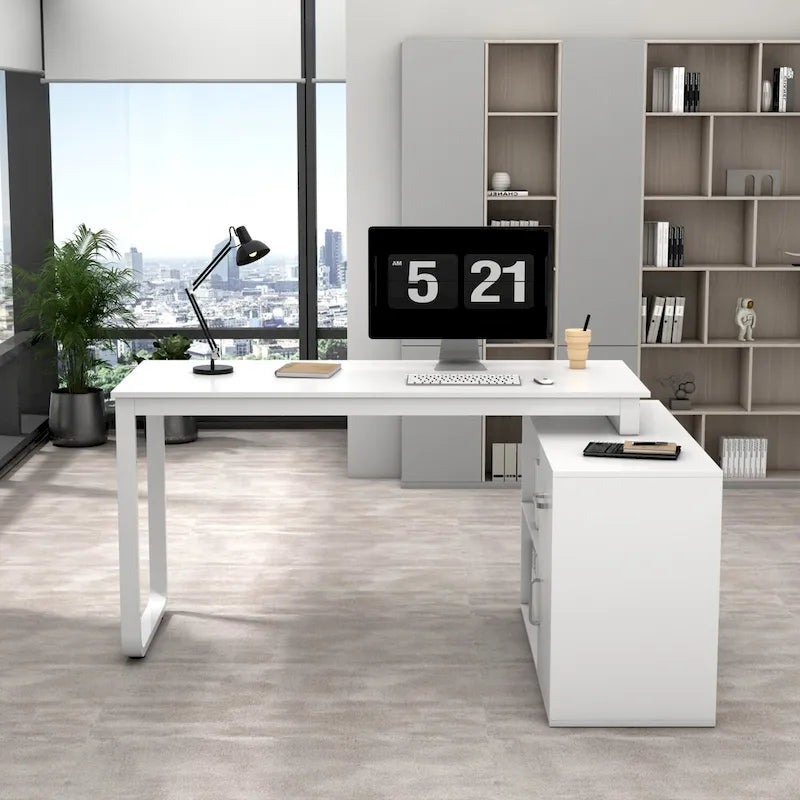 Bureau d'ordinateur d'angle en forme de L de 55 pouces avec tiroirs et armoire, blanc