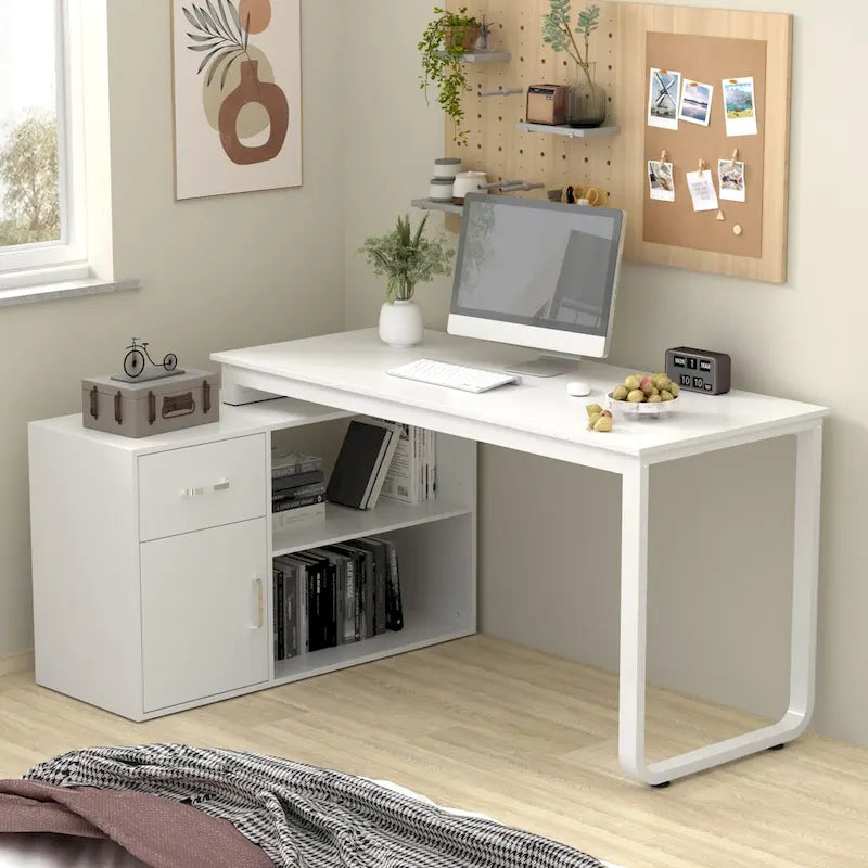 Bureau d'ordinateur d'angle en forme de L de 55 pouces avec tiroirs et armoire, blanc