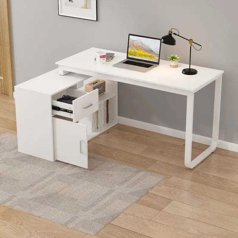 Bureau d'ordinateur d'angle en forme de L de 55 pouces avec tiroirs et armoire, blanc