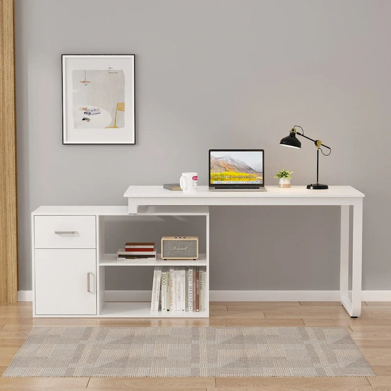 Bureau d'ordinateur d'angle en forme de L de 55 pouces avec tiroirs et armoire, blanc