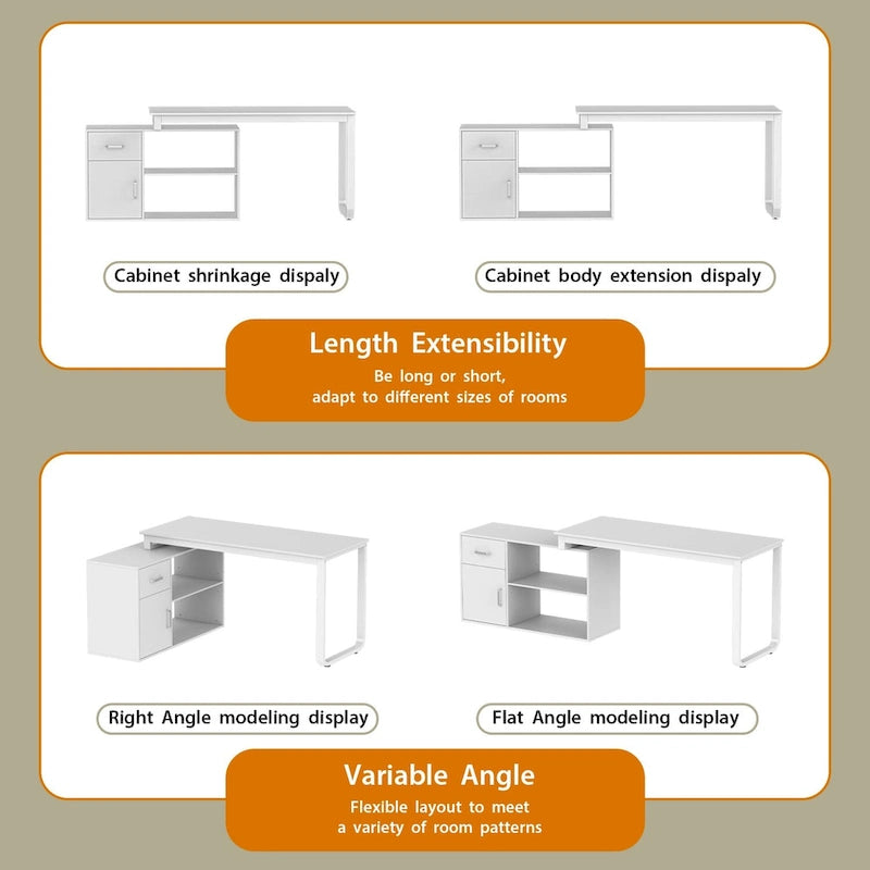 Bureau d'ordinateur d'angle en forme de L de 55 pouces avec tiroirs et armoire, blanc