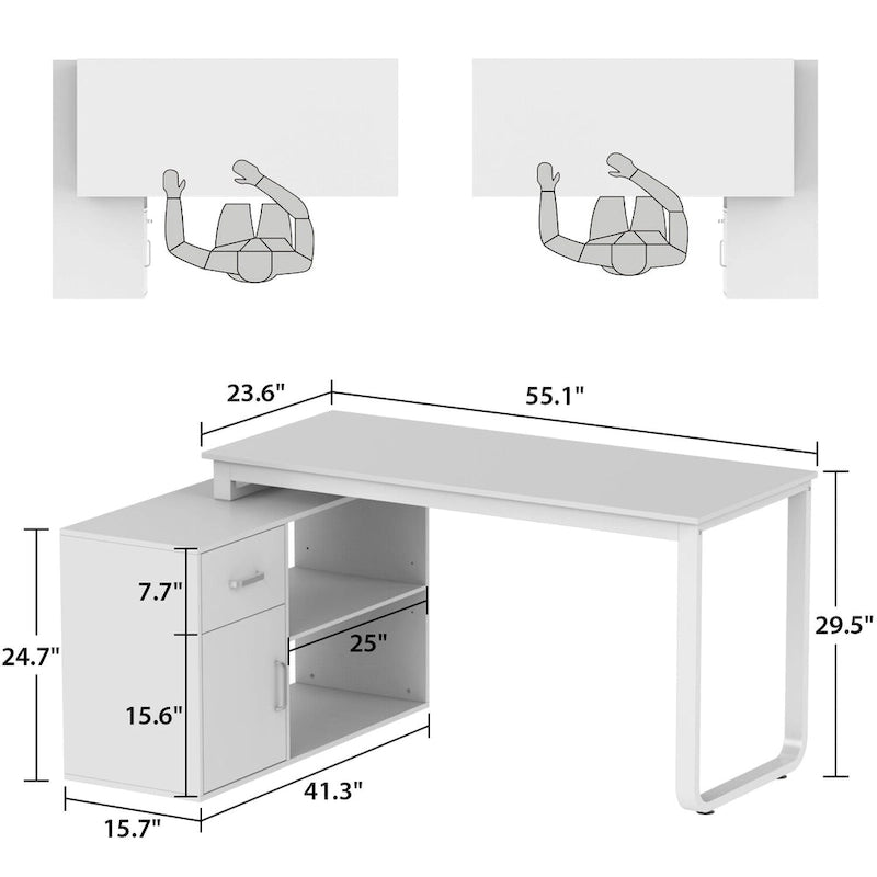 Bureau d'ordinateur d'angle en forme de L de 55 pouces avec tiroirs et armoire, blanc