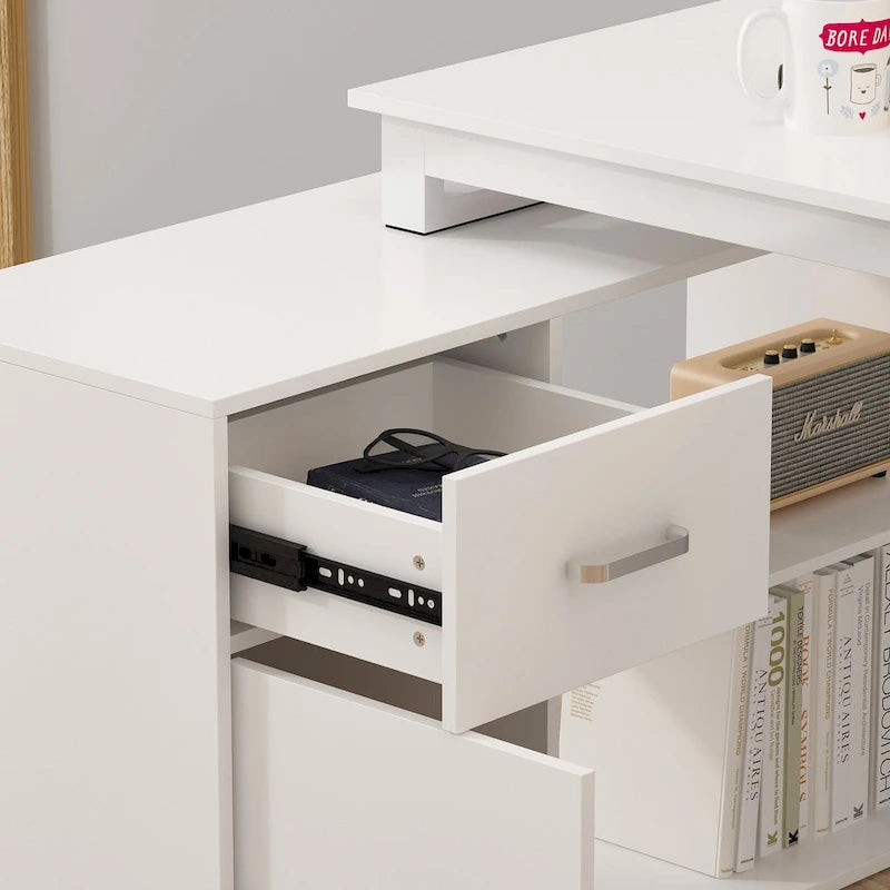 Bureau d'ordinateur d'angle en forme de L de 55 pouces avec tiroirs et armoire, blanc
