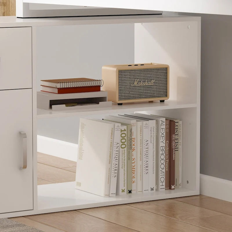 Bureau d'ordinateur d'angle en forme de L de 55 pouces avec tiroirs et armoire, blanc
