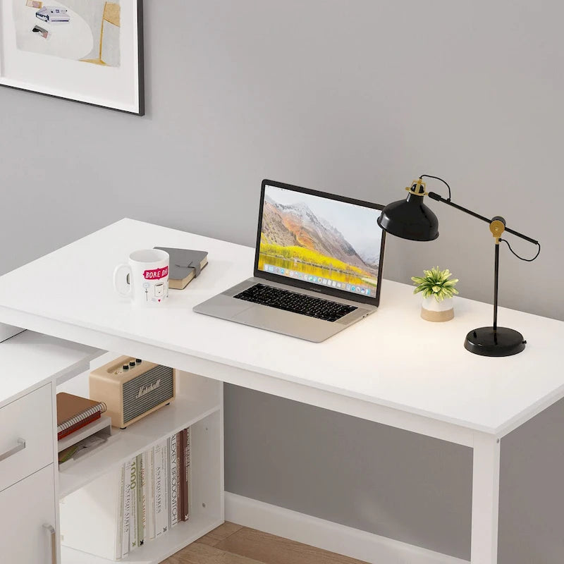 Bureau d'ordinateur d'angle en forme de L de 55 pouces avec tiroirs et armoire, blanc