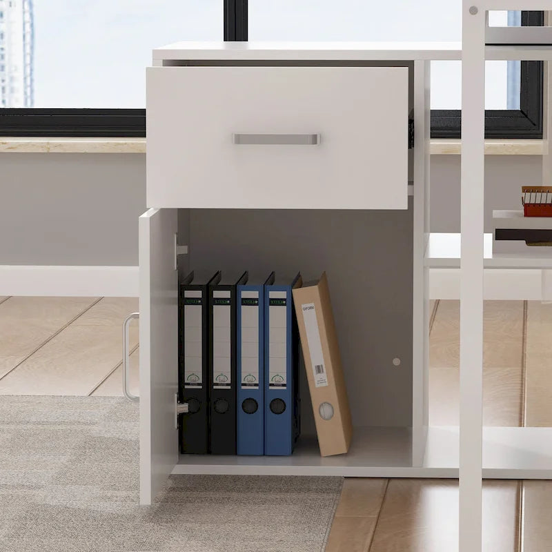 Bureau d'ordinateur d'angle en forme de L de 55 pouces avec tiroirs et armoire, blanc