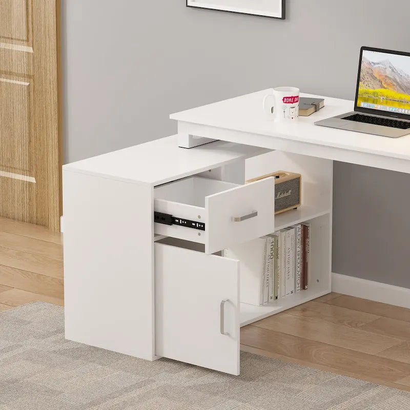 Bureau d'ordinateur d'angle en forme de L de 55 pouces avec tiroirs et armoire, blanc