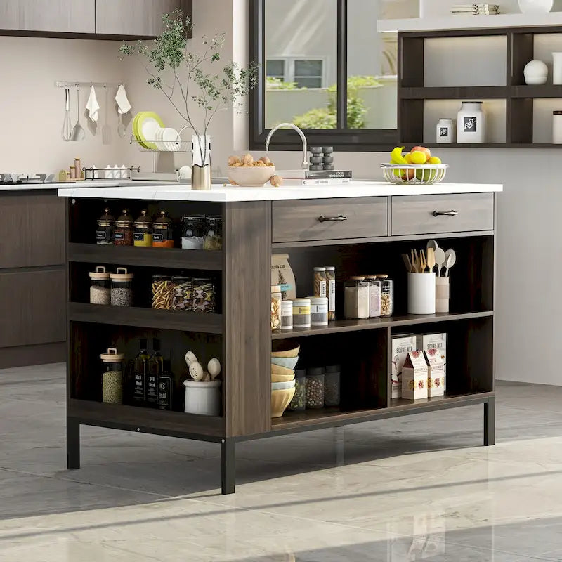 55,1W Meuble d'îlot de cuisine buffet avec étagères ouvertes et deux tiroirs