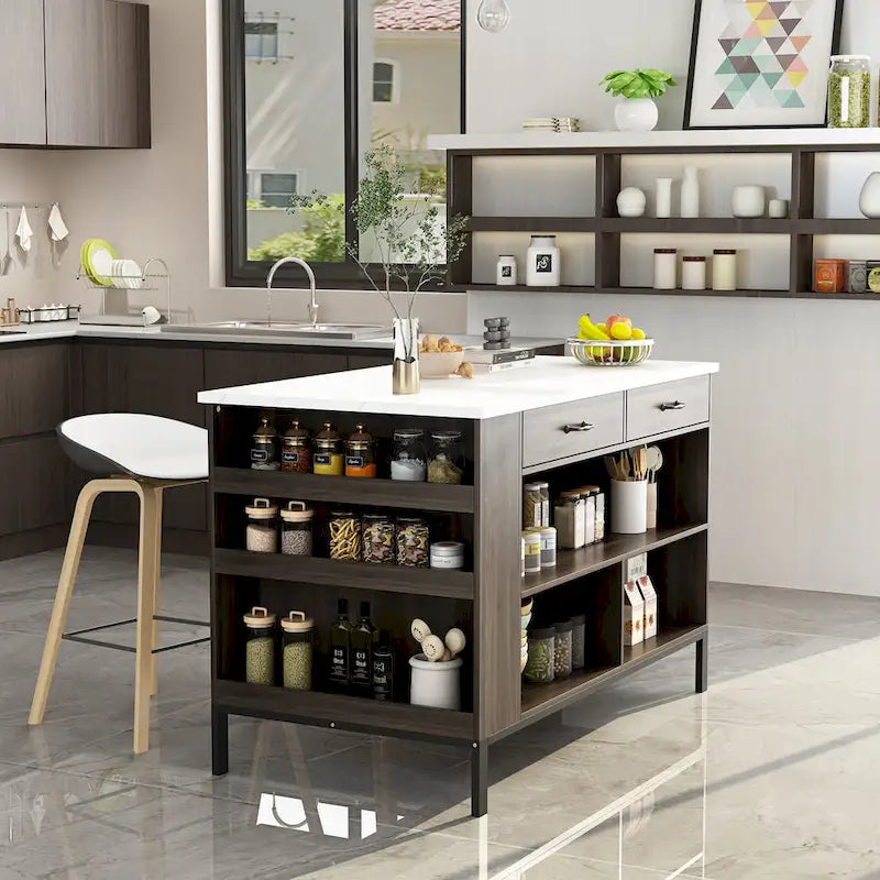 55,1W Meuble d'îlot de cuisine buffet avec étagères ouvertes et deux tiroirs