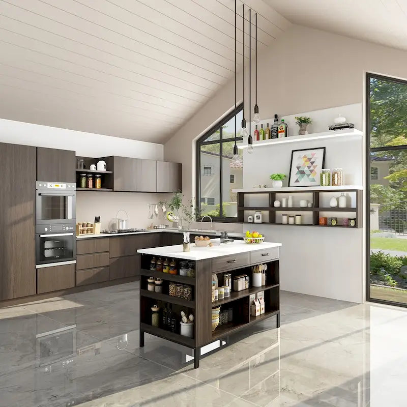 55,1W Meuble d'îlot de cuisine buffet avec étagères ouvertes et deux tiroirs