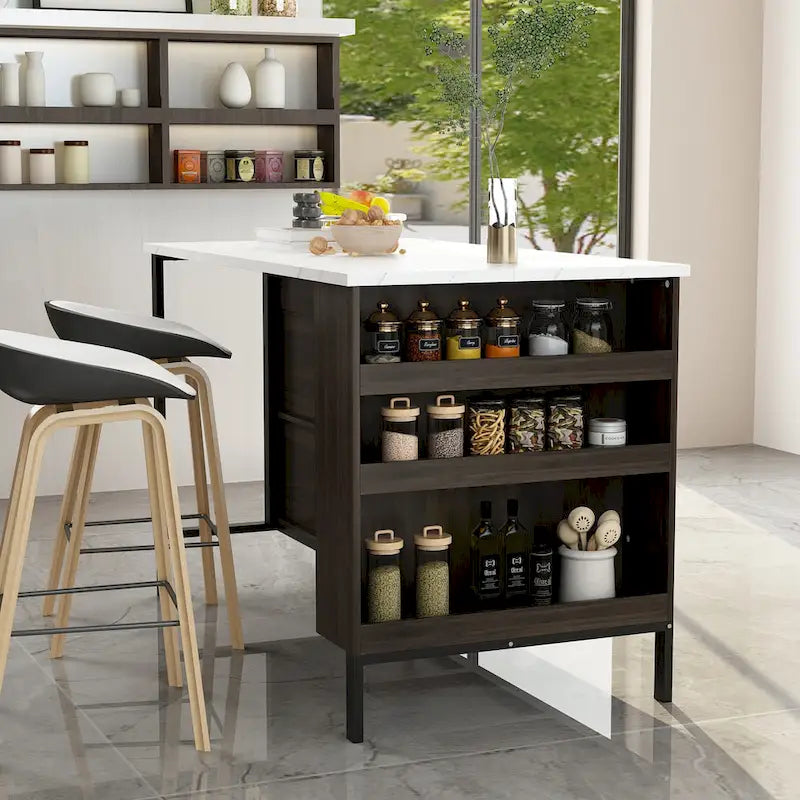 55,1W Meuble d'îlot de cuisine buffet avec étagères ouvertes et deux tiroirs