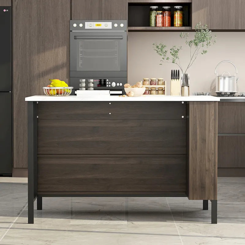 55,1W Meuble d'îlot de cuisine buffet avec étagères ouvertes et deux tiroirs