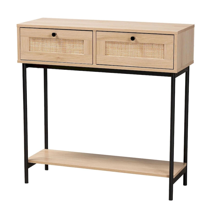 Console mi-siècle moderne à 2 tiroirs marron clair et noir avec accent en rotin tressé